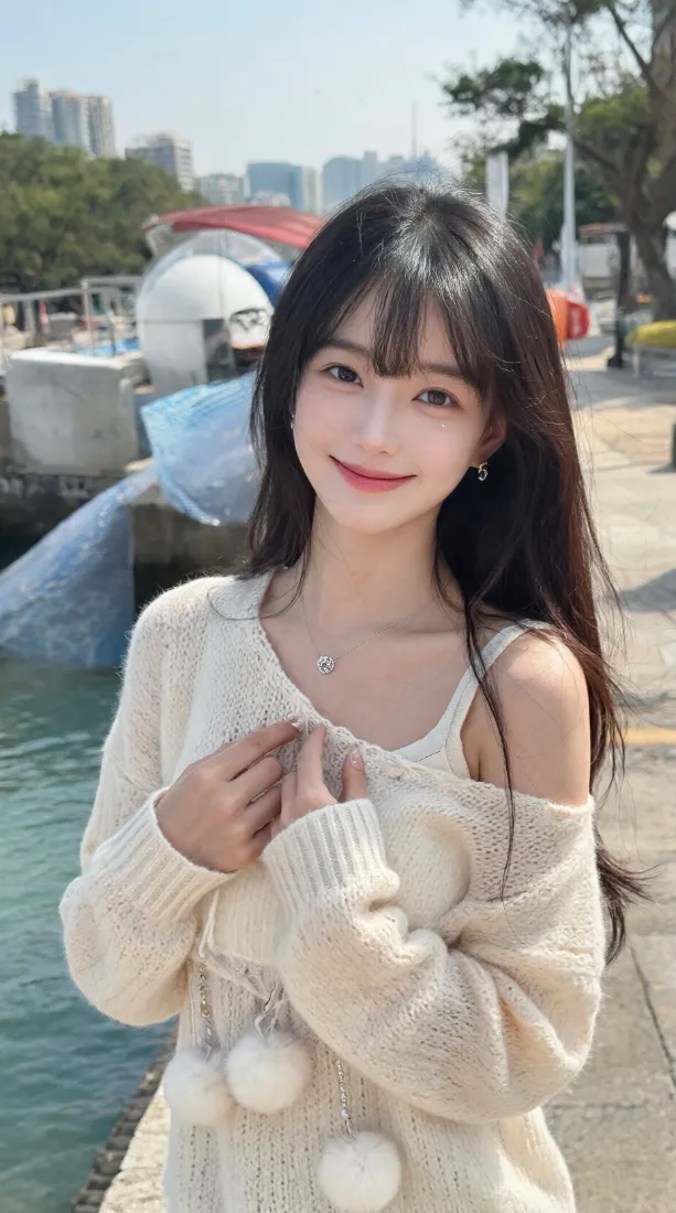 甜妹少女手机壁纸｜城市河畔背景图片 - 露肩白毛衣穿搭「哲风壁纸」