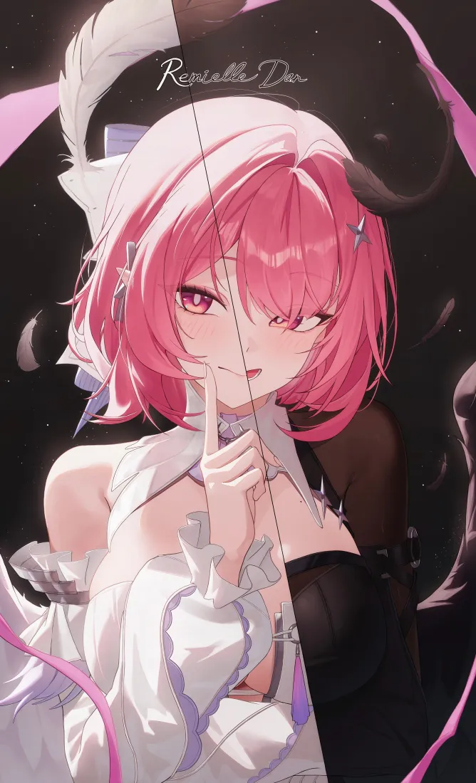 粉发恶魔少女手机壁纸｜黑白配背景图片 - 噤声手势二次元女孩「哲风壁纸」