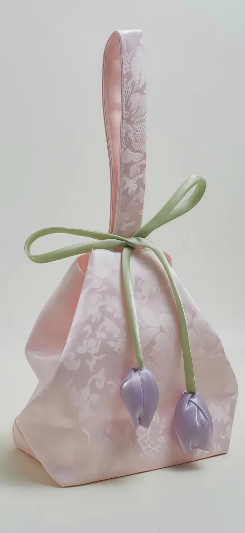 简约手提包手机壁纸｜浅粉底色背景图片 - 丝带蝴蝶结郁金香挂饰「哲风壁纸」
