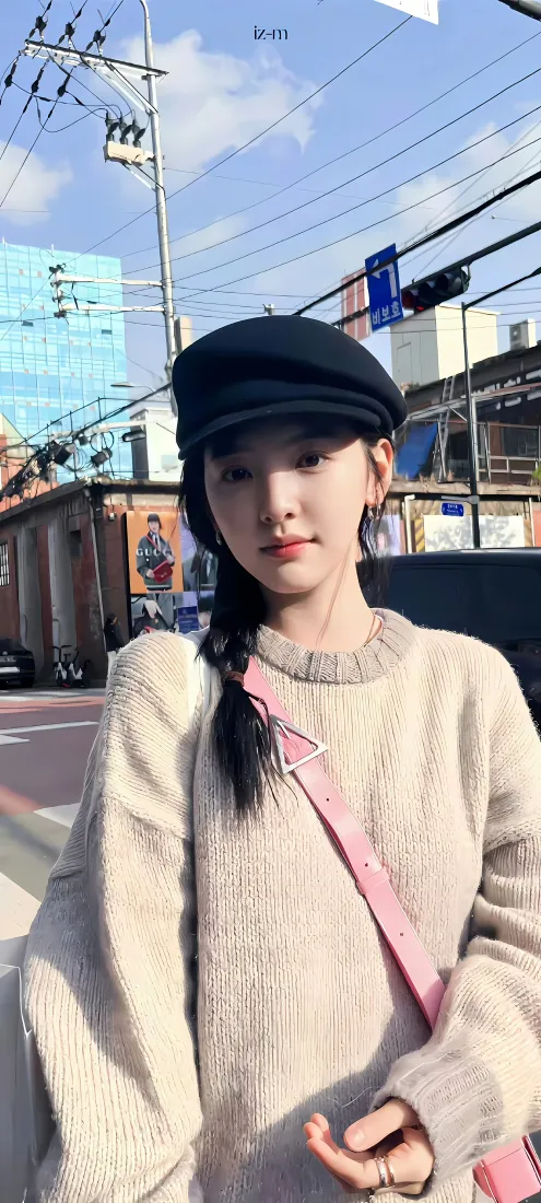 章若楠手机壁纸｜街拍随拍背景图片 - 贝雷帽米色毛衣穿搭「哲风壁纸」