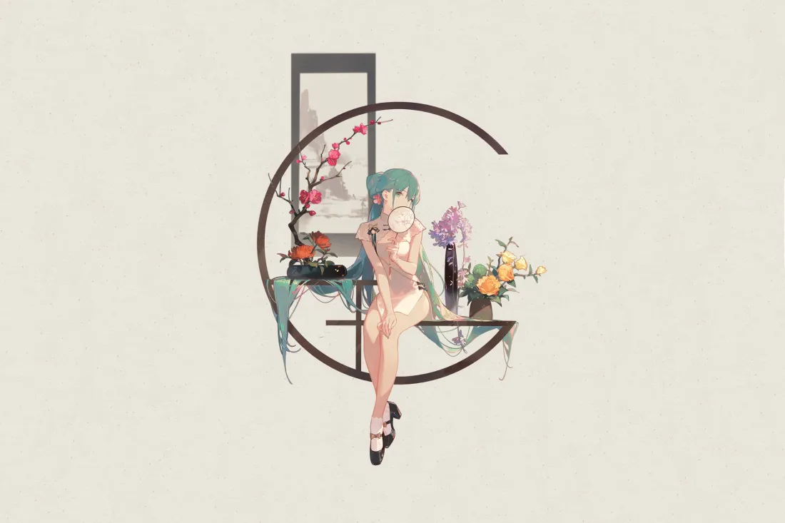2k初音未来壁纸｜国风韶华背景图片 - 旗袍团扇梅花插画「哲风壁纸」