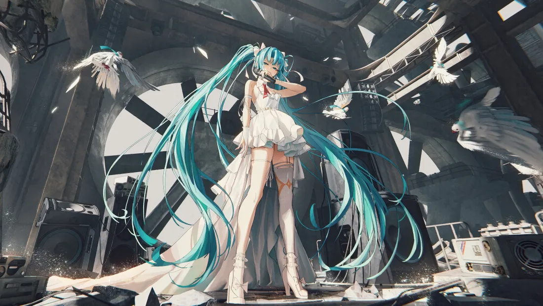 4k初音未来壁纸｜白裙长发背景图片 - 白鸽机械风场景「哲风壁纸」