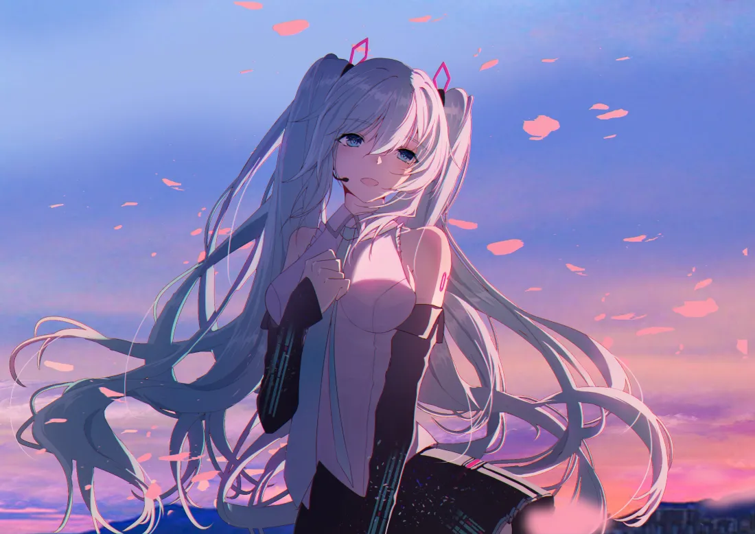 4k初音未来壁纸｜落樱黄昏背景图片 - 长发双马尾少女「哲风壁纸」