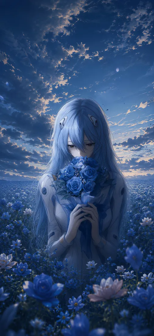 凌波丽手机壁纸|蓝色花田背景图片 - 静谧蓝调少女插画「哲风壁纸」 凌波丽手机壁纸|蓝色花田背景图片 - 静谧蓝调少女插画「哲风壁纸」
