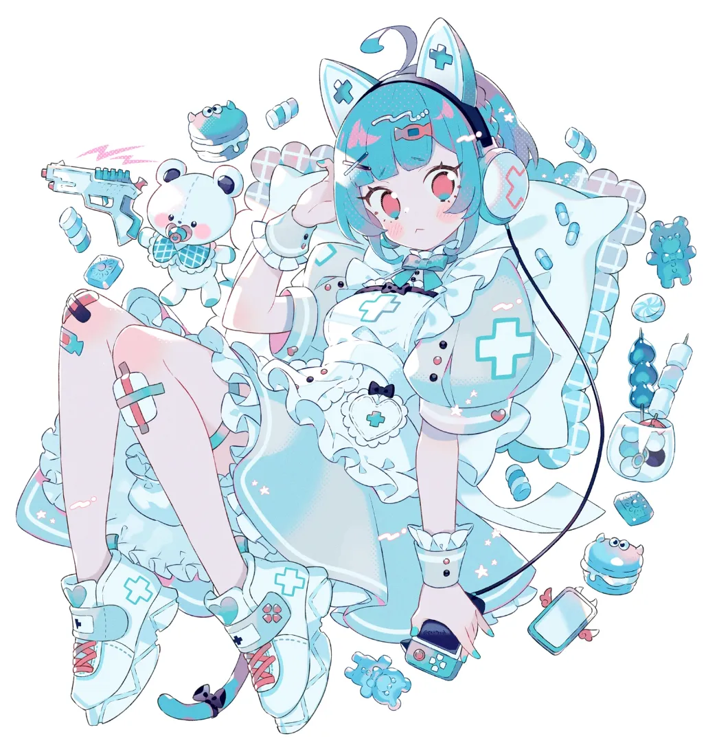 猫耳少女手机壁纸｜护士风背景图片 - 浅蓝甜系「哲风壁纸」