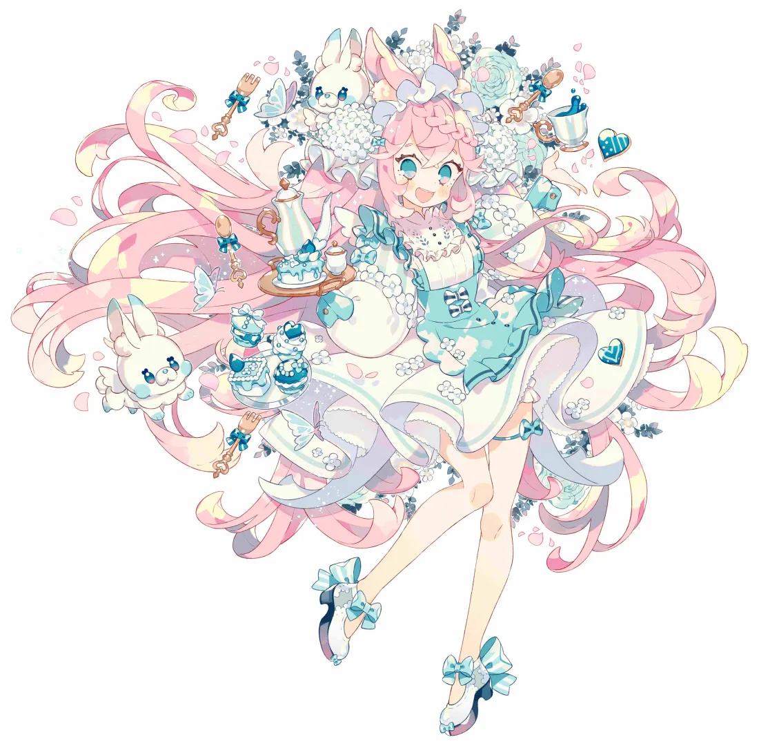 5k粉发少女壁纸｜兔子茶会背景图片 - 软萌甜系插画「哲风壁纸」