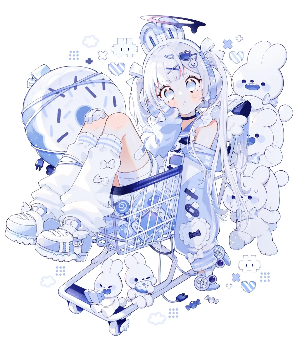 蓝白发少女手机壁纸|购物车兔子背景图片 - 甜酷可爱二次元插画「哲风壁纸」 蓝白发少女手机壁纸|购物车兔子背景图片 - 甜酷可爱二次元插画「哲风壁纸」