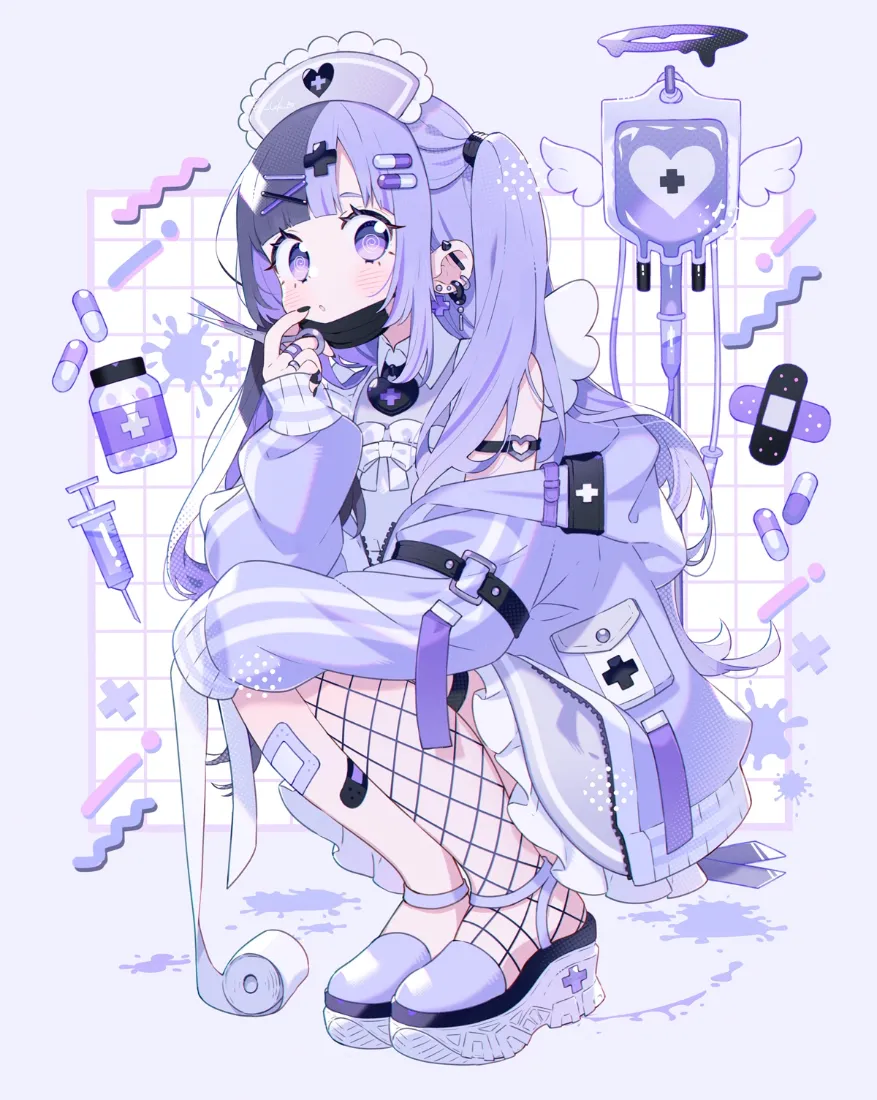 紫发护士少女手机壁纸|医疗元素背景图片 - 紫色二次元插画「哲风壁纸」 紫发护士少女手机壁纸|医疗元素背景图片 - 紫色二次元插画「哲风壁纸」