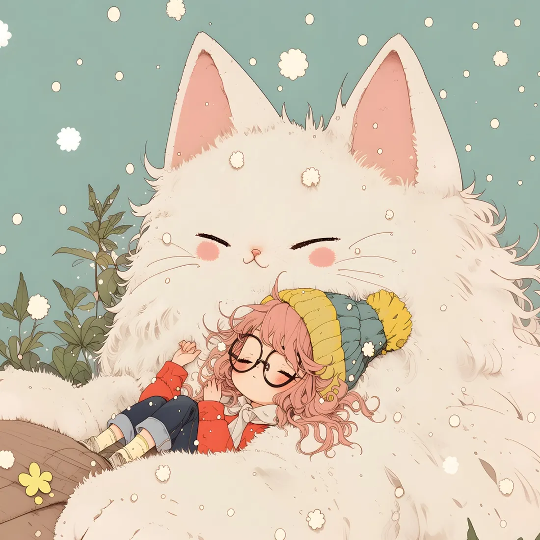 巨猫与女孩手机壁纸｜冬日雪景背景图片 - 治愈卡通插画「哲风壁纸」
