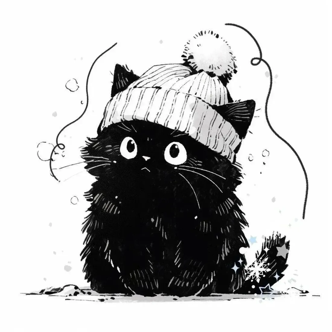 黑猫手机壁纸｜戴针织帽萌宠背景图片 - 冬日可爱手绘插画「哲风壁纸」