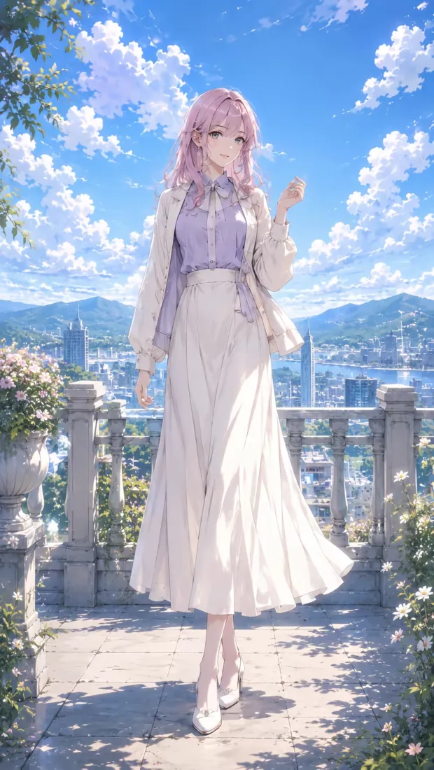 粉发少女手机壁纸|露台晴空背景图片 - 白裙可爱穿搭「哲风壁纸」 粉发少女手机壁纸|露台晴空背景图片 - 白裙可爱穿搭「哲风壁纸」