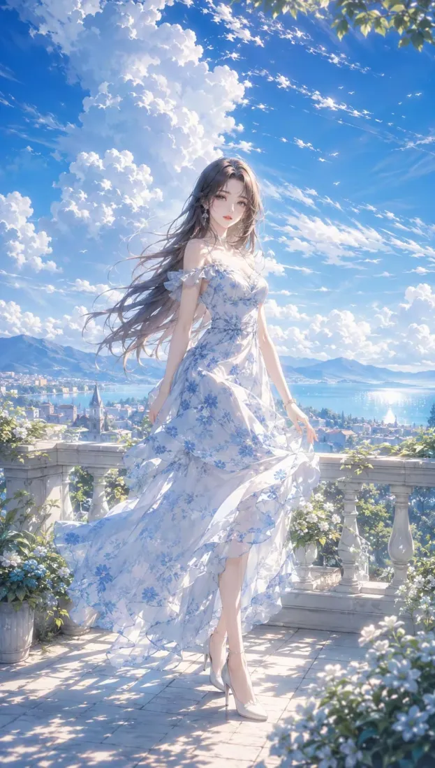 二次元少女手机壁纸|海边露台背景图片 - 蓝白碎花裙长发女孩「哲风壁纸」 二次元少女手机壁纸|海边露台背景图片 - 蓝白碎花裙长发女孩「哲风壁纸」