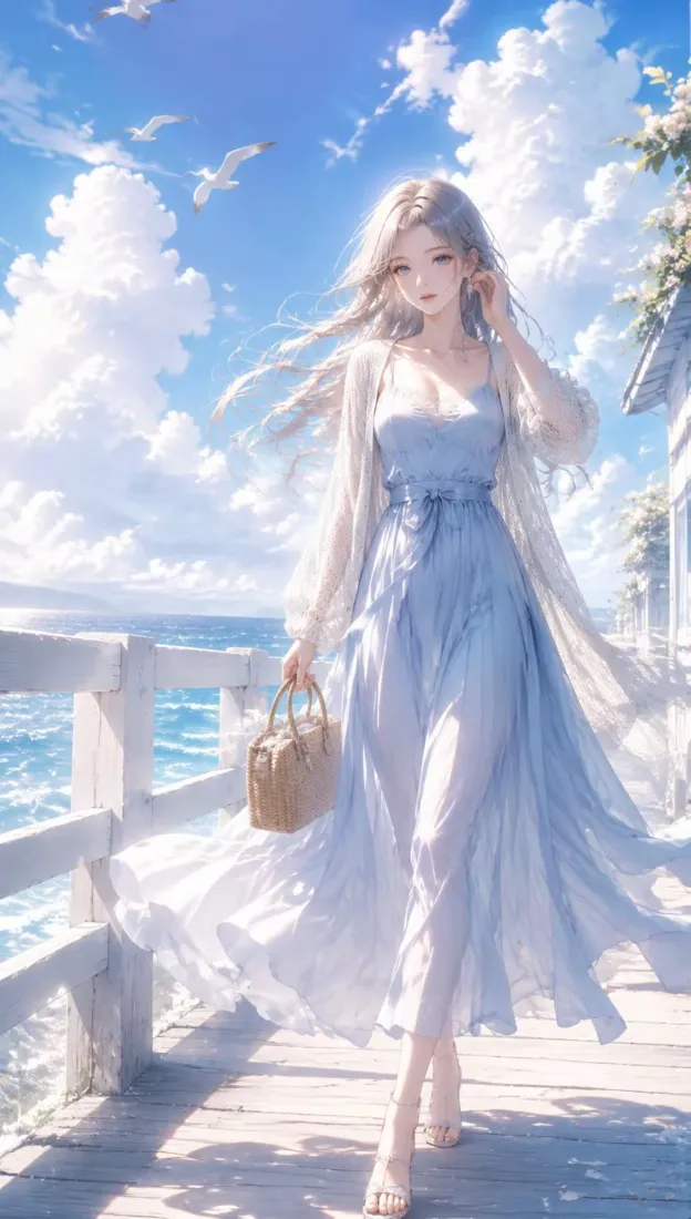 海边少女手机壁纸｜夏日背景图片 - 蓝裙长发木栈道海鸥「哲风壁纸」