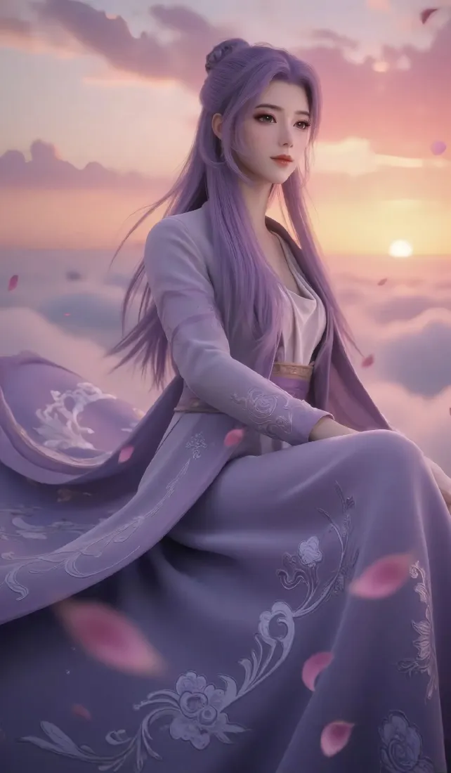 云霄仙子手机壁纸｜云海夕阳背景图片 - 紫发古风仙裙落英「哲风壁纸」