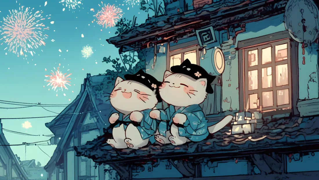 4k萌趣猫咪壁纸｜古风屋顶背景图片 - 烟花夜景治愈插画「哲风壁纸」