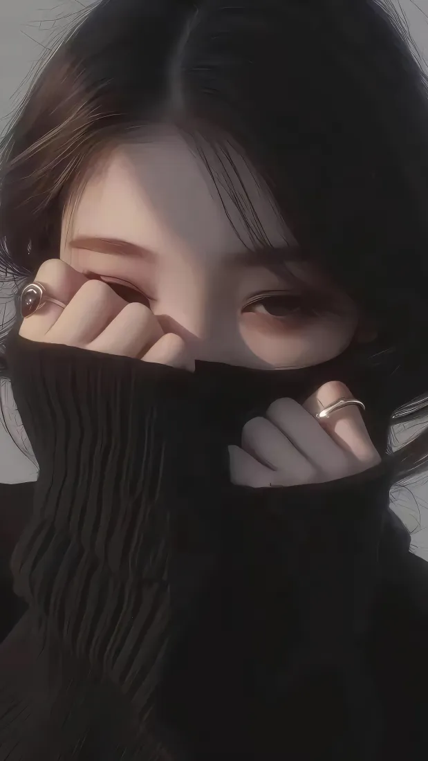 黑衣短发美女手机壁纸｜揉眼慵懒背景图片 - 高领毛衣「哲风壁纸」