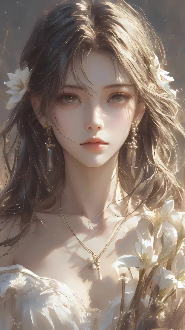 清冷美女手机壁纸｜白花发饰背景图片 - 白裙光影「哲风壁纸」
