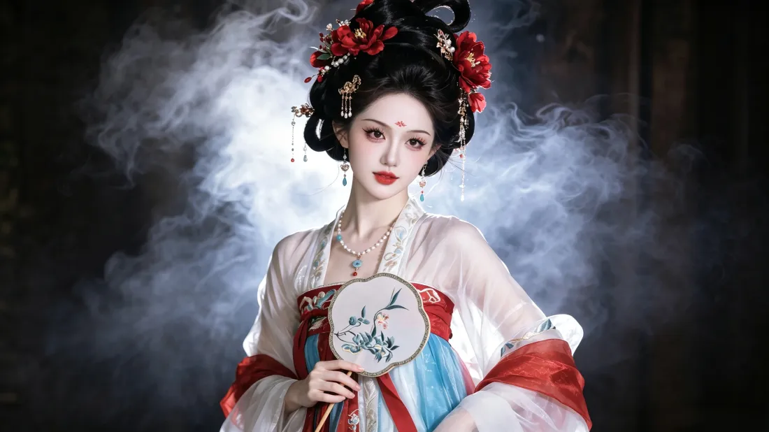 3k古风唐装美人壁纸｜烟雾背景图片 - 执团扇「哲风壁纸」