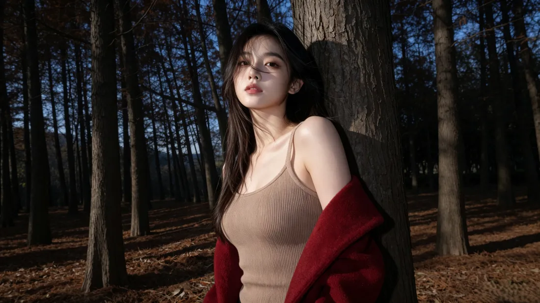 3k森系美女|林间氛围感背景图片 - 红衫吊带写真「哲风壁纸」 3k森系美女|林间氛围感背景图片 - 红衫吊带写真「哲风壁纸」