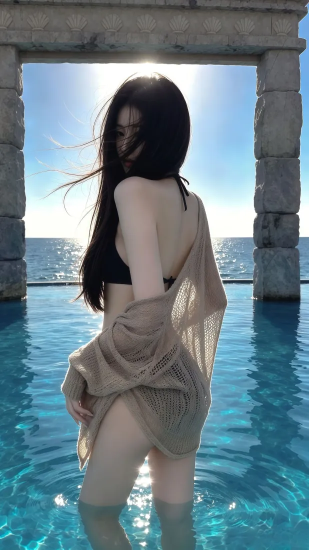 泳池美女｜海边度假背景图片 - 逆光长发氛围感写真「哲风壁纸」