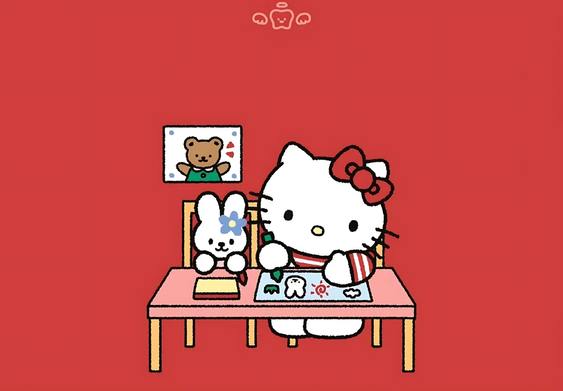 3k凯蒂猫壁纸｜红色背景图片 - 书桌画画可爱兔子小熊「哲风壁纸」