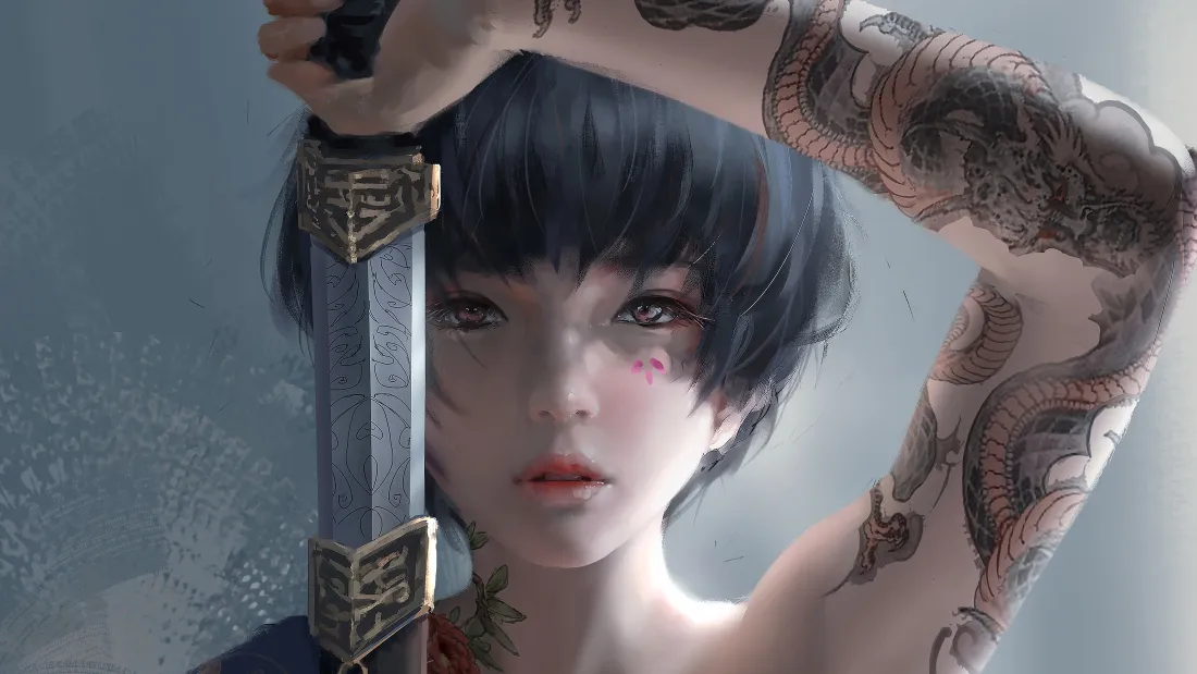 4k持剑纹身少女壁纸｜冷调人像背景图片 - 短发酷飒国风「哲风壁纸」