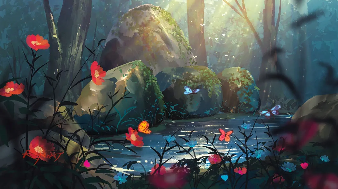 2k森林溪流壁纸｜梦幻花境背景图片 - 阳光林间「哲风壁纸」