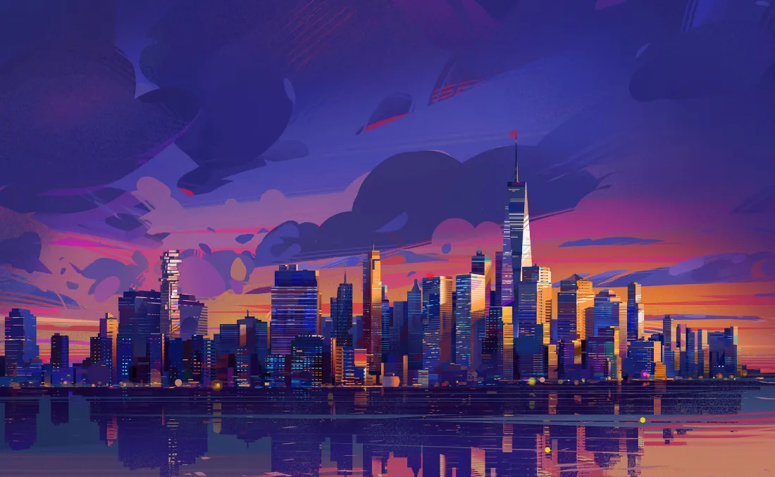 2k曼哈顿天际线壁纸｜黄昏都市背景图片 - 卡通插画「哲风壁纸」