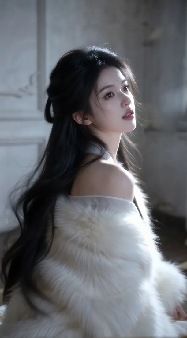 气质美女手机壁纸｜白色毛绒穿搭背景图片 - 露肩黑长发清冷氛围感「哲风壁纸」
