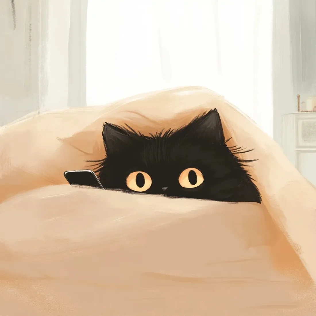 黑猫手机壁纸｜被窝躲猫猫背景图片 - 治愈可爱萌宠插画「哲风壁纸」