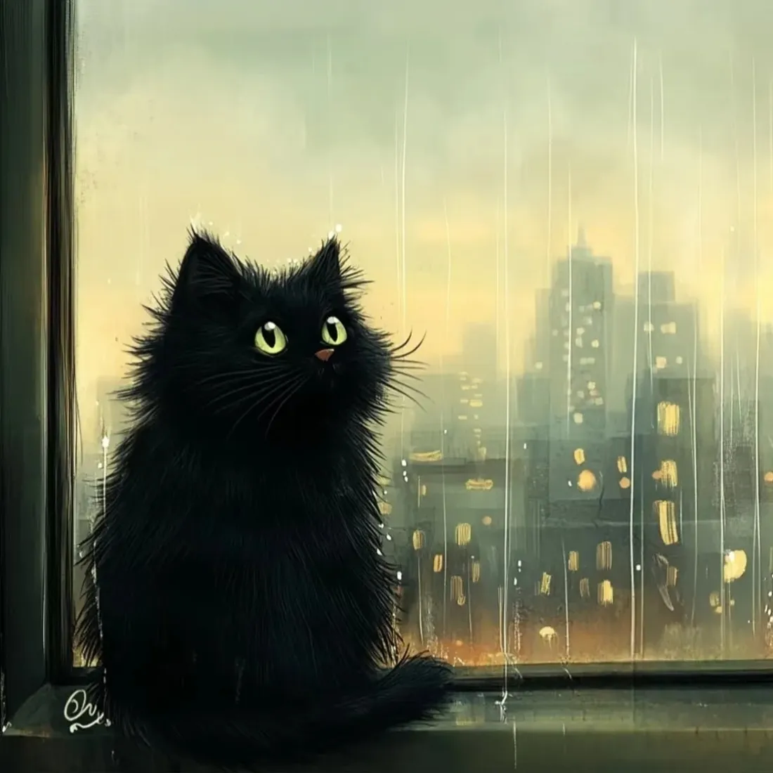黑猫手机壁纸｜窗边雨景背景图片 - 治愈猫咪城市黄昏「哲风壁纸」