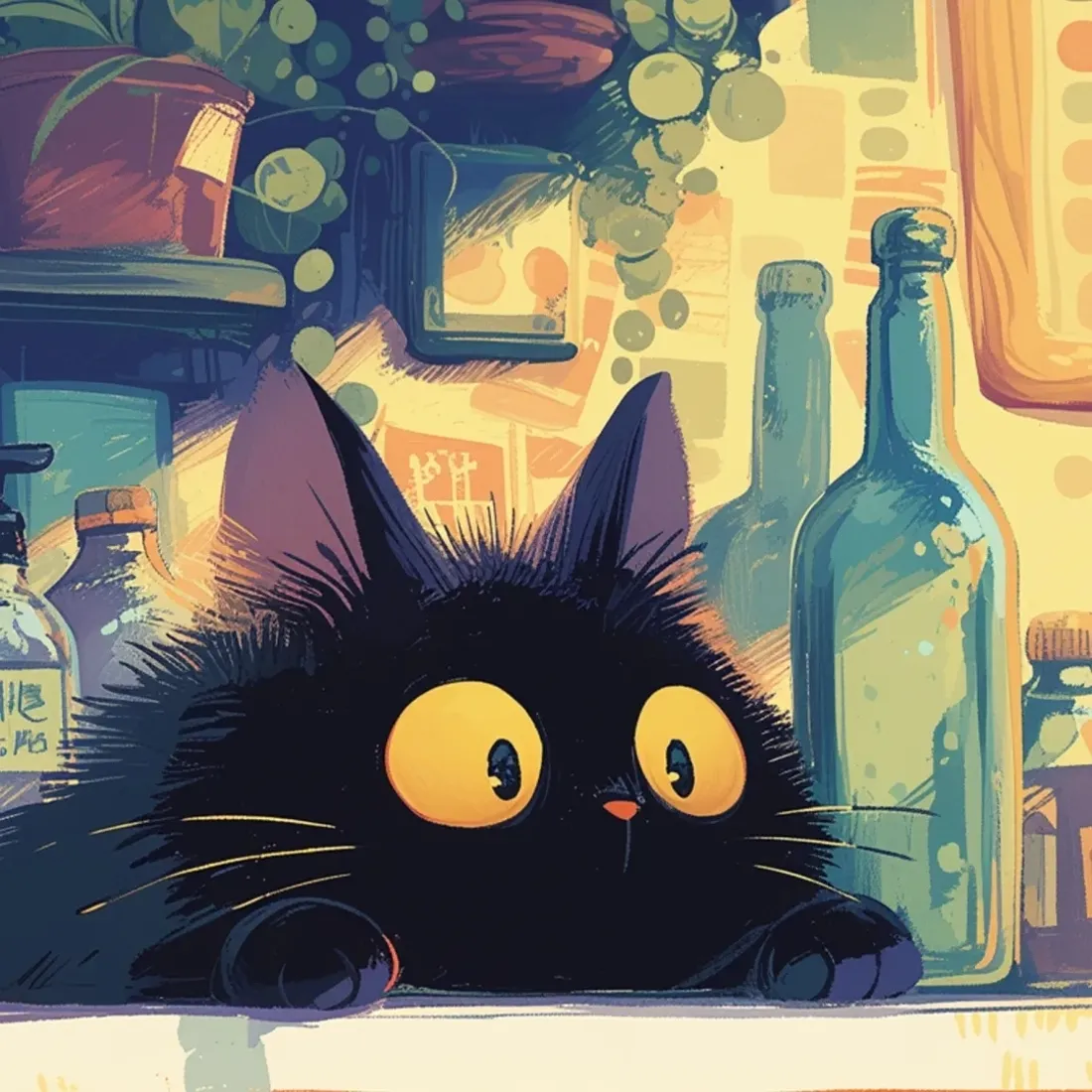 黑猫手机壁纸｜治愈插画背景图片 - 窗台萌宠猫咪「哲风壁纸」