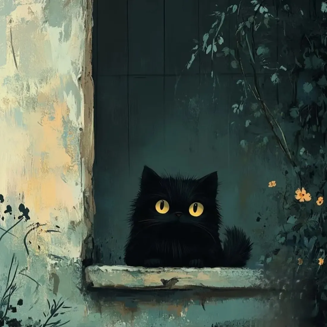 黑猫手机壁纸｜窗台花丛背景图片 - 治愈萌系卡通插画「哲风壁纸」