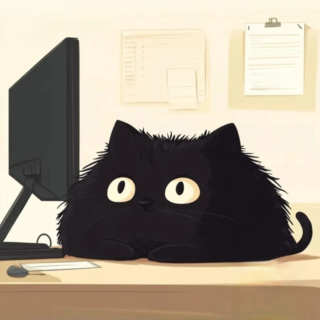 黑猫手机壁纸｜办公桌面背景图片 - 炸毛萌猫插画「哲风壁纸」