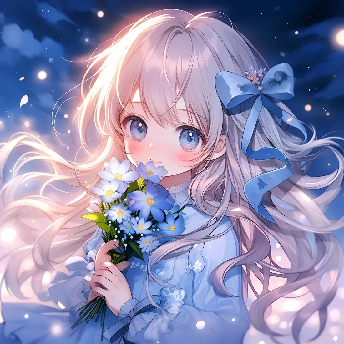 捧花少女手机壁纸|蓝调星空背景图片 - 软萌甜系卡通头像「哲风壁纸」 捧花少女手机壁纸|蓝调星空背景图片 - 软萌甜系卡通头像「哲风壁纸」