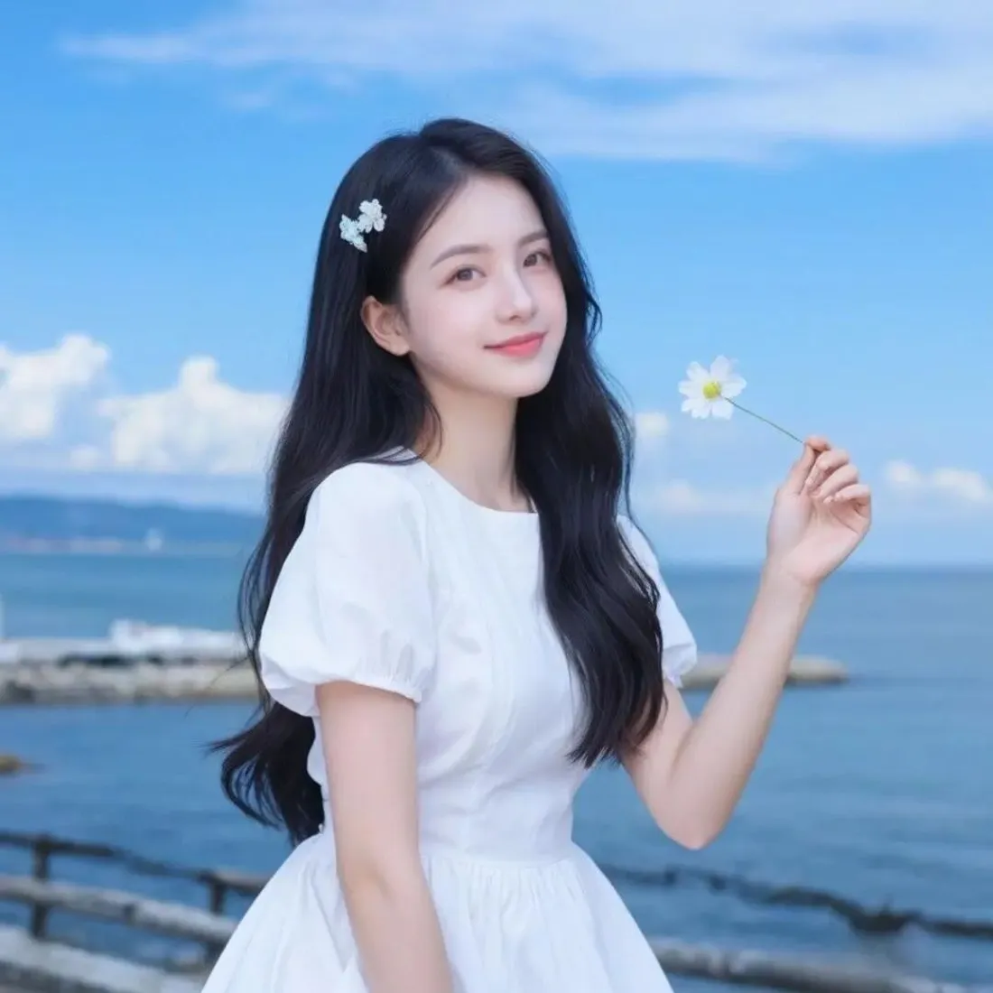 白裙少女手机壁纸｜海边小雏菊背景图片 - 清新女生头像「哲风壁纸」