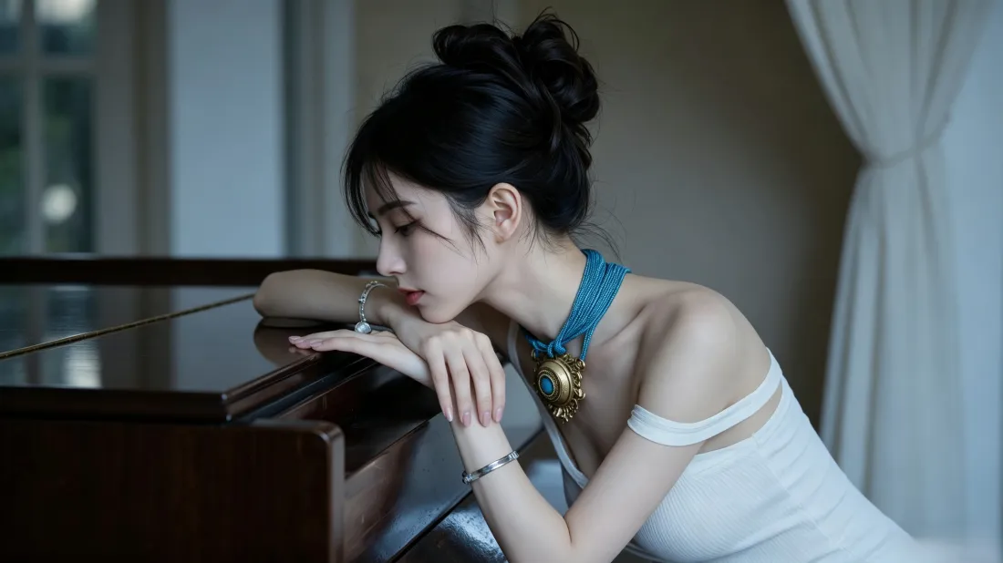 3k白裙女生壁纸｜钢琴旁背景图片 - 优雅氛围感「哲风壁纸」
