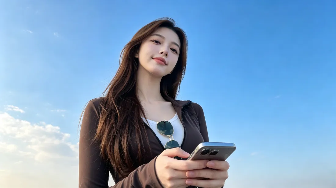 3k气质女生壁纸｜蓝天背景图片 - 户外拿手机微笑「哲风壁纸」