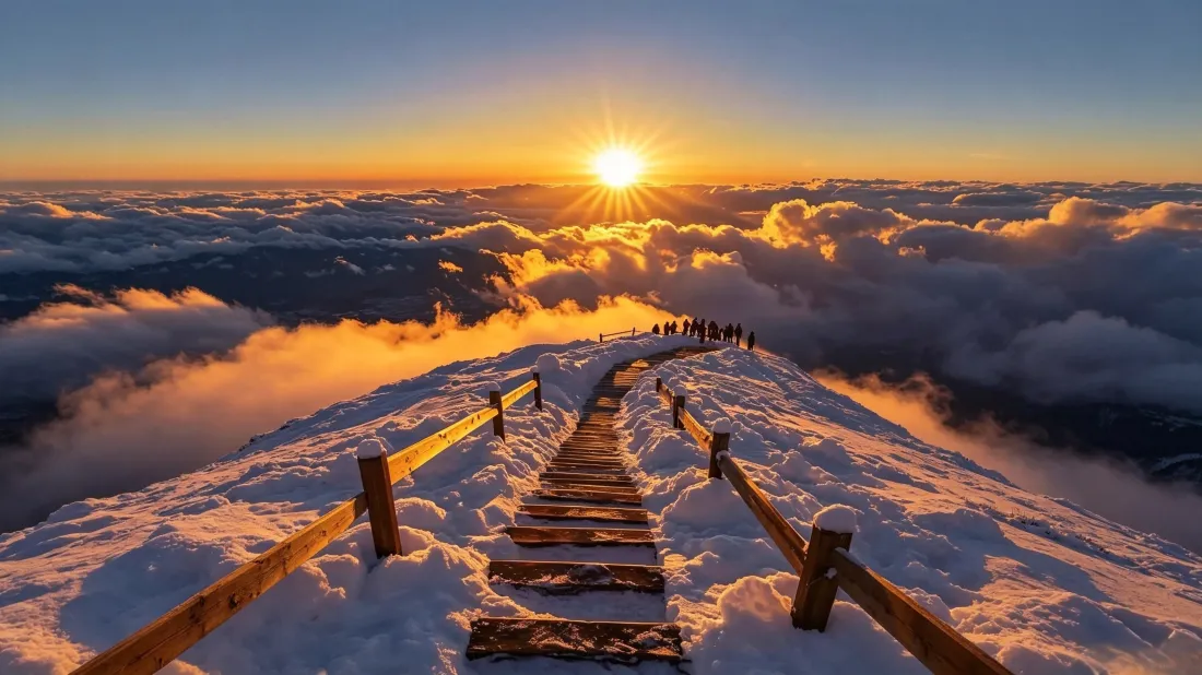 3k雪山云海日出壁纸｜山顶栈道背景图片 - 冬日雪景「哲风壁纸」