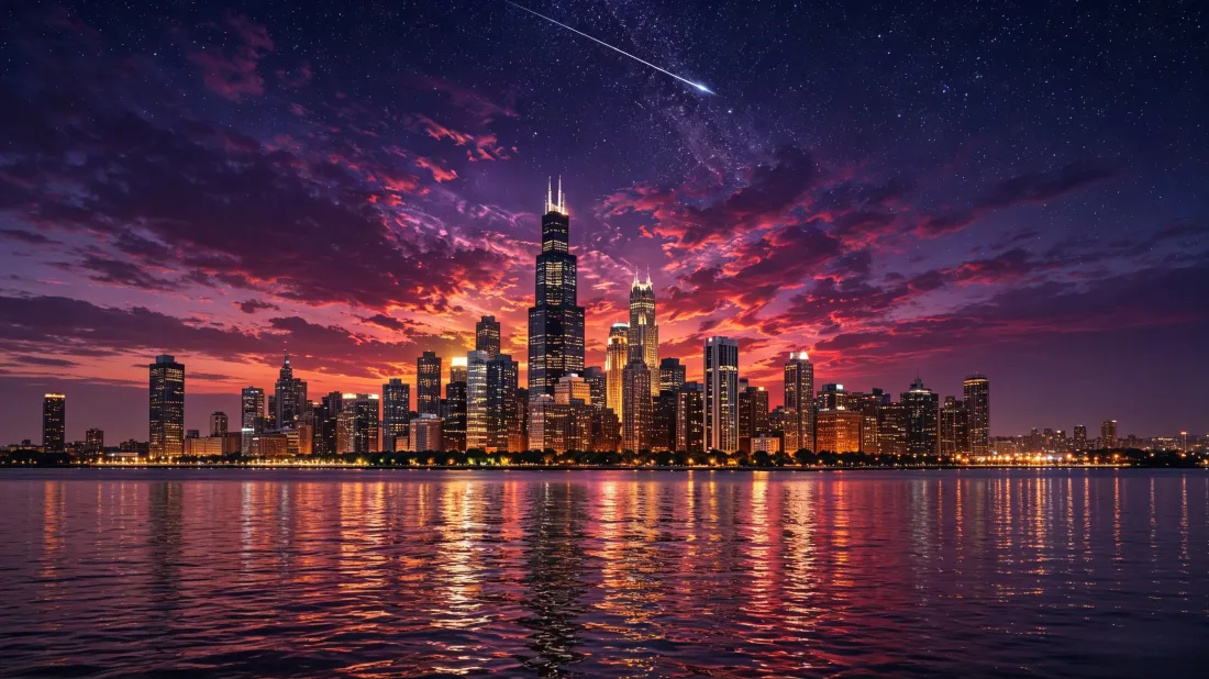 3k芝加哥天际线壁纸｜城市夜景背景图片 - 湖滨火烧云流星「哲风壁纸」