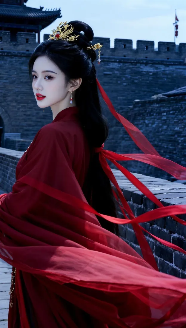 红衣古风美女手机壁纸｜古城墙背景图片 - 红绸飘曳「哲风壁纸」
