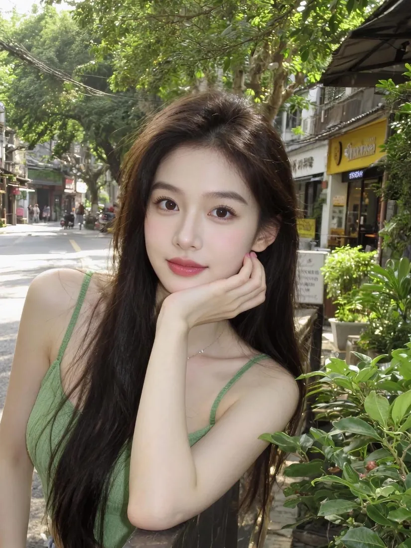 甜系美女手机壁纸|林荫街拍背景图片 - 绿吊带托腮清新人像「哲风壁纸」 甜系美女手机壁纸|林荫街拍背景图片 - 绿吊带托腮清新人像「哲风壁纸」