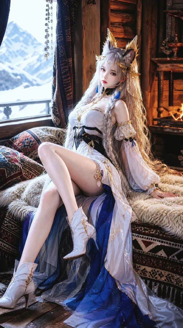 狐耳少女手机壁纸｜木屋雪景背景图片 - 白裙金发造型「哲风壁纸」