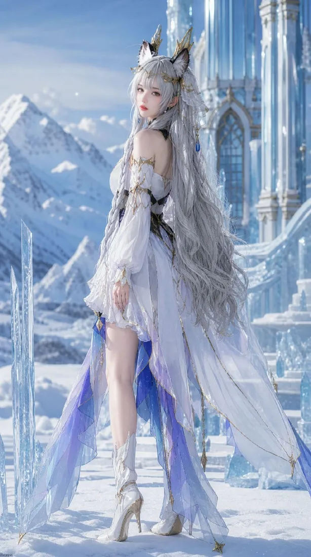 狐耳银发少女手机壁纸|冰雪城堡背景图片 - 白蓝长裙雪山「哲风壁纸」 狐耳银发少女手机壁纸|冰雪城堡背景图片 - 白蓝长裙雪山「哲风壁纸」