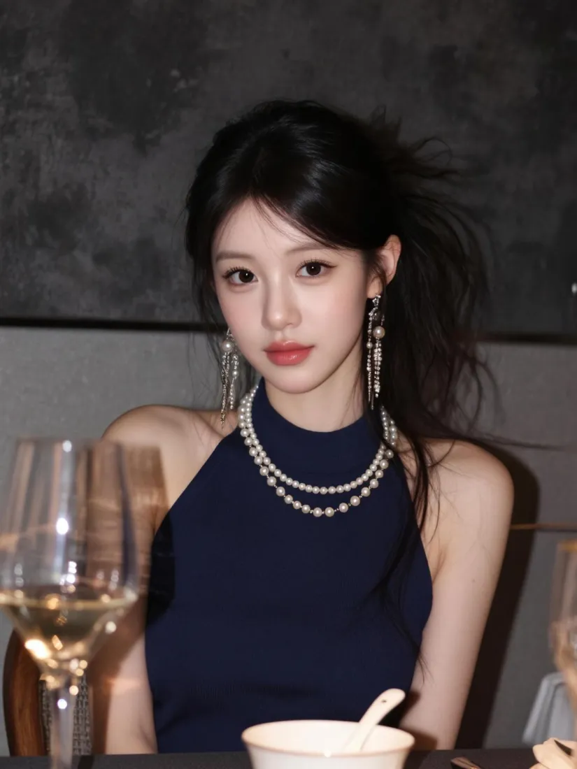 气质美女手机壁纸｜藏蓝挂脖裙背景图片 - 珍珠配饰晚宴氛围「哲风壁纸」