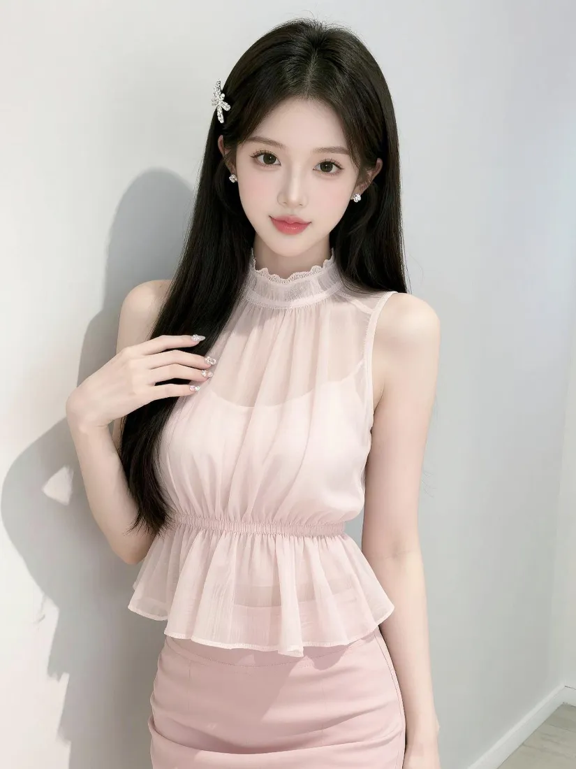粉色穿搭美女手机壁纸｜温柔风背景图片 - 黑长直甜妹造型「哲风壁纸」