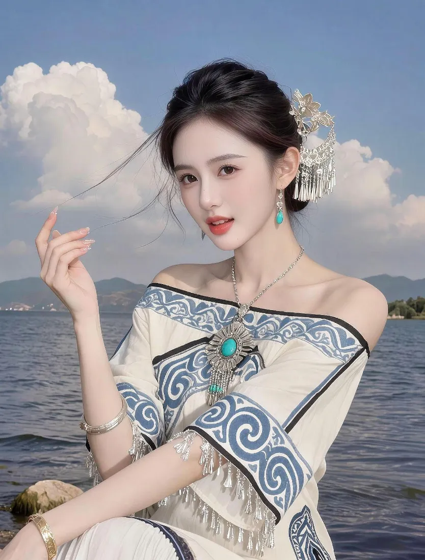 民族风美女手机壁纸｜海边背景图片 - 露肩穿搭银饰发簪「哲风壁纸」