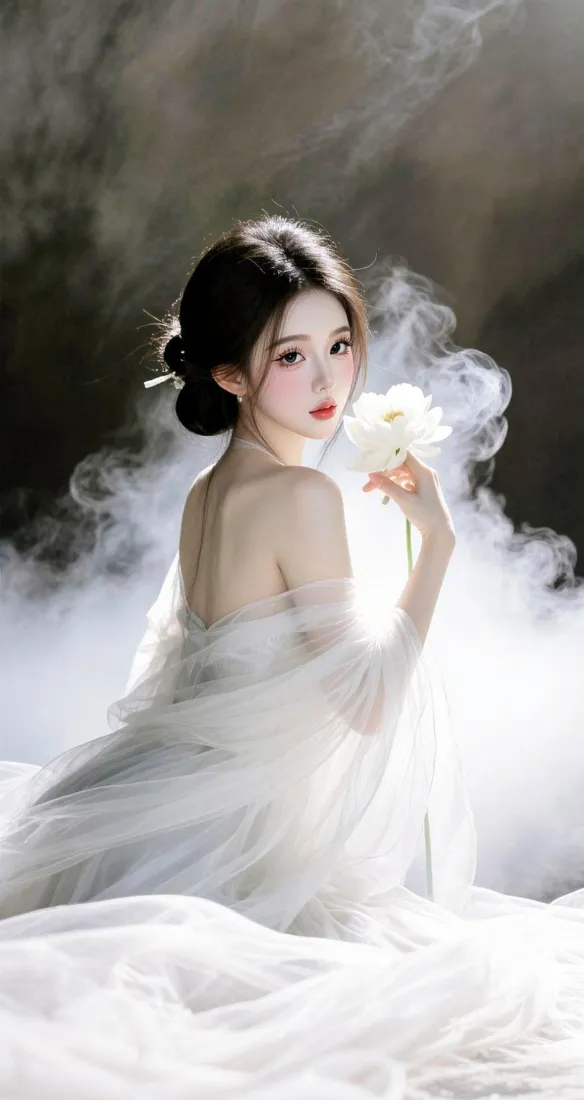 白纱美女手机壁纸|烟雾氛围感背景图片 - 露背盘发持白花「哲风壁纸」 白纱美女手机壁纸|烟雾氛围感背景图片 - 露背盘发持白花「哲风壁纸」