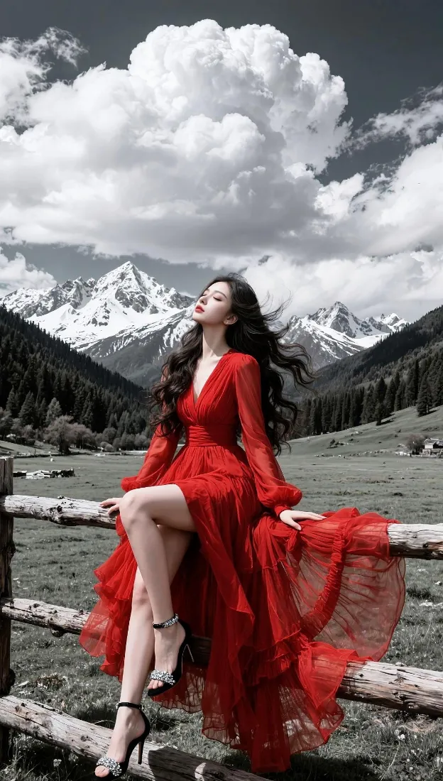 红裙美女手机壁纸｜雪山草原背景图片 - 户外氛围感「哲风壁纸」