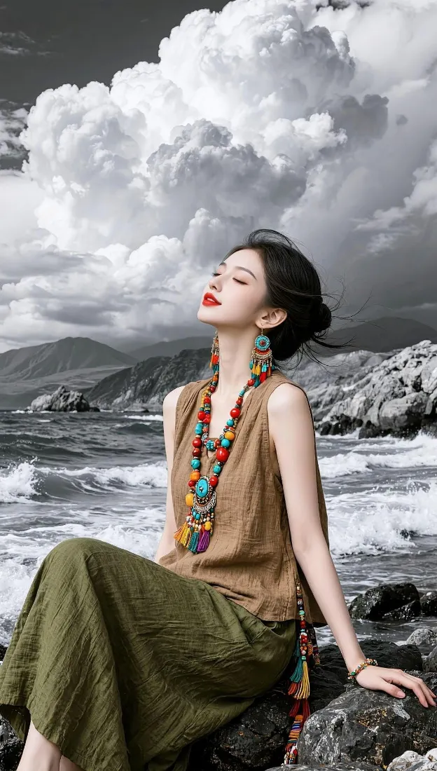 民族风美女手机壁纸|海边岩石背景图片 - 闭眼仰头氛围感写真「哲风壁纸」 民族风美女手机壁纸|海边岩石背景图片 - 闭眼仰头氛围感写真「哲风壁纸」